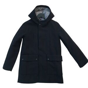 Zara Boys Hooded Coat Size 11/12 Black Wool Blend Zip Pockets Snap Closure